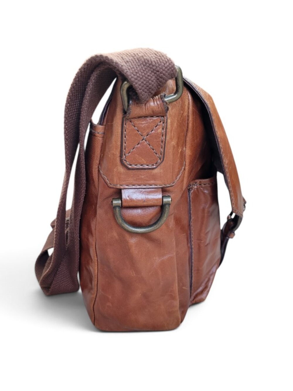 Fossil Cognac Brown Leather Messenger Bag with Adjustable Strap and Pockets - Picture 4 of 16